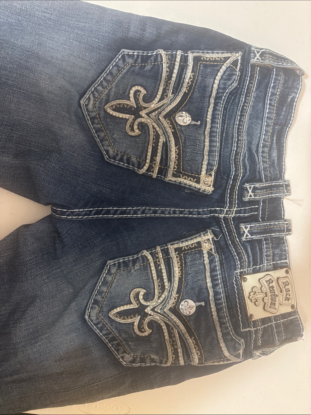 Rock Revival Dark Blue Bootcut Jeans with Embroidered Pockets